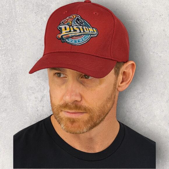 Mitchell & Ness Detroit Pistons Snapback Hat Red Vintage Logo NBA Cap OSFA - Picture 1 of 7